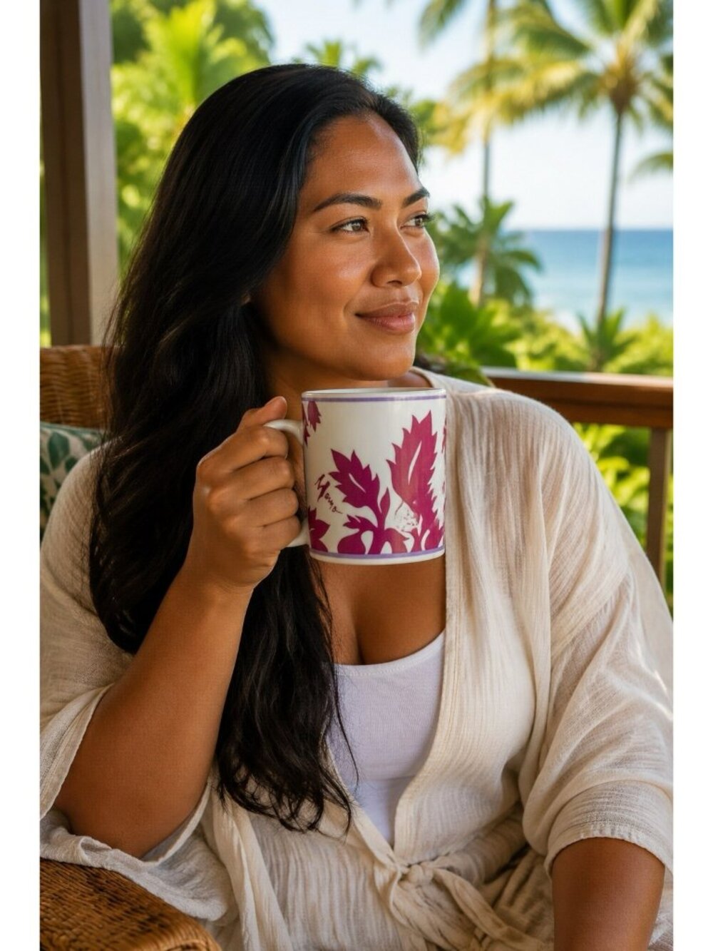 Vintage 1980 Mamo Ulu Pink Floral Mug Hawaii Coffee Cup Pink Breadfruit Leaves